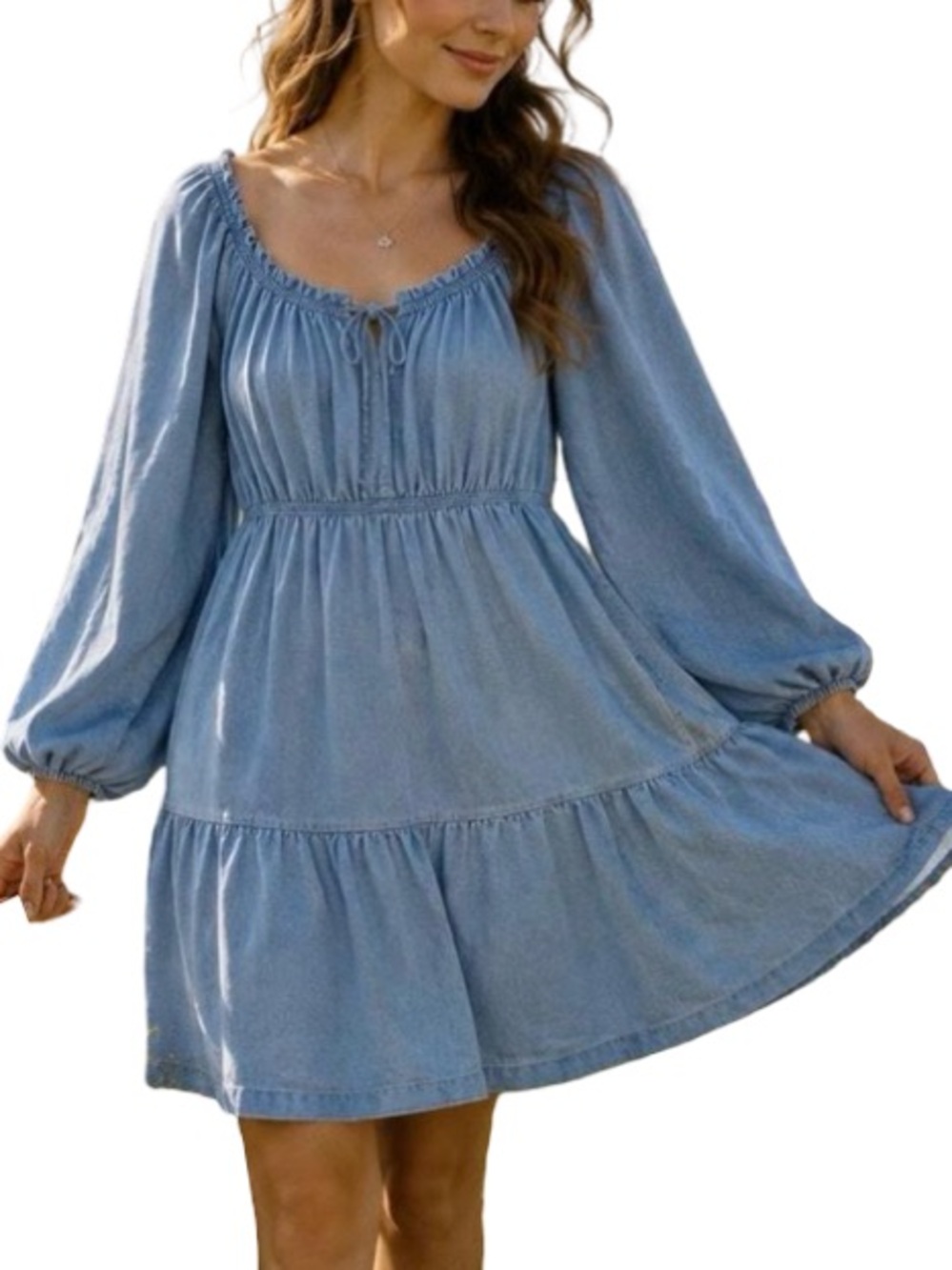Old Navy Chambray Tiered Ruffle Puff Balloon Sleeve Peasant Style Dress